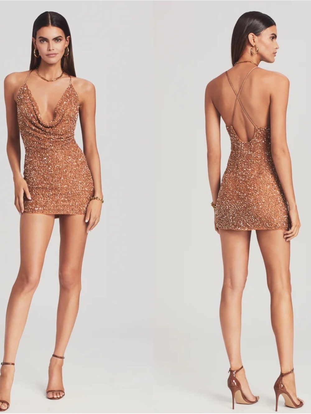 Retrofete Mich Micro Beaded Embellished Mini Dress in Bronze XL